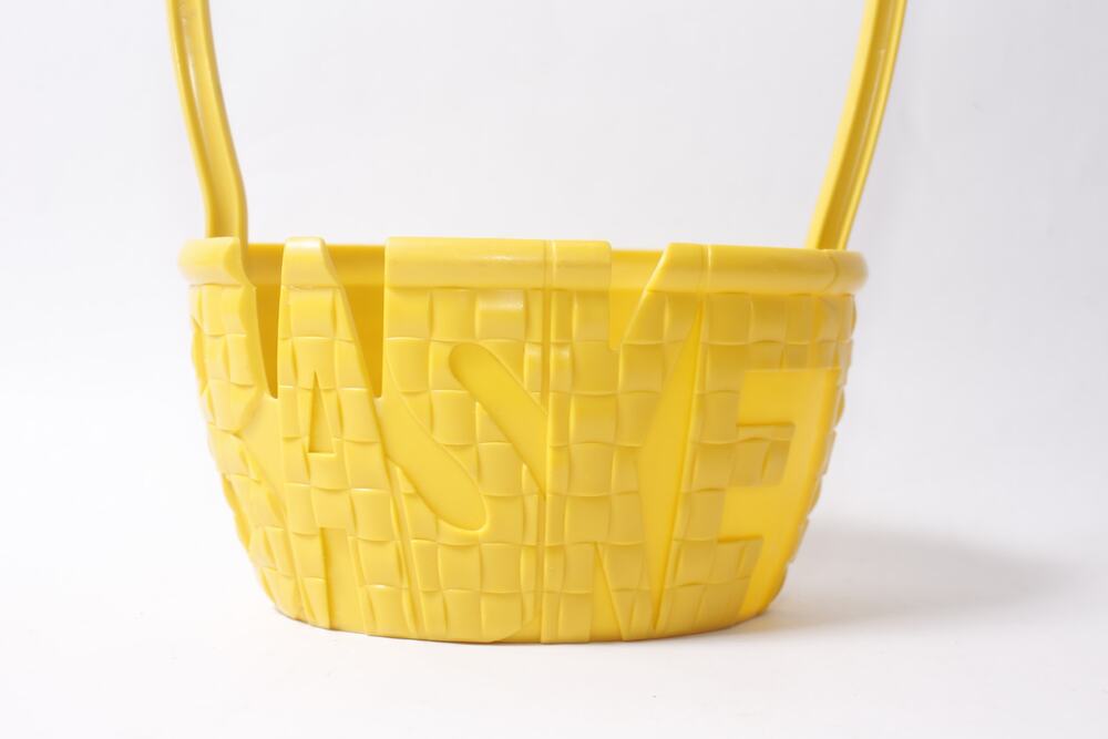 70s MCM Yellow Plastic Easter Basket 13" w Arched Handle WORD ~ 261013-DISV 762